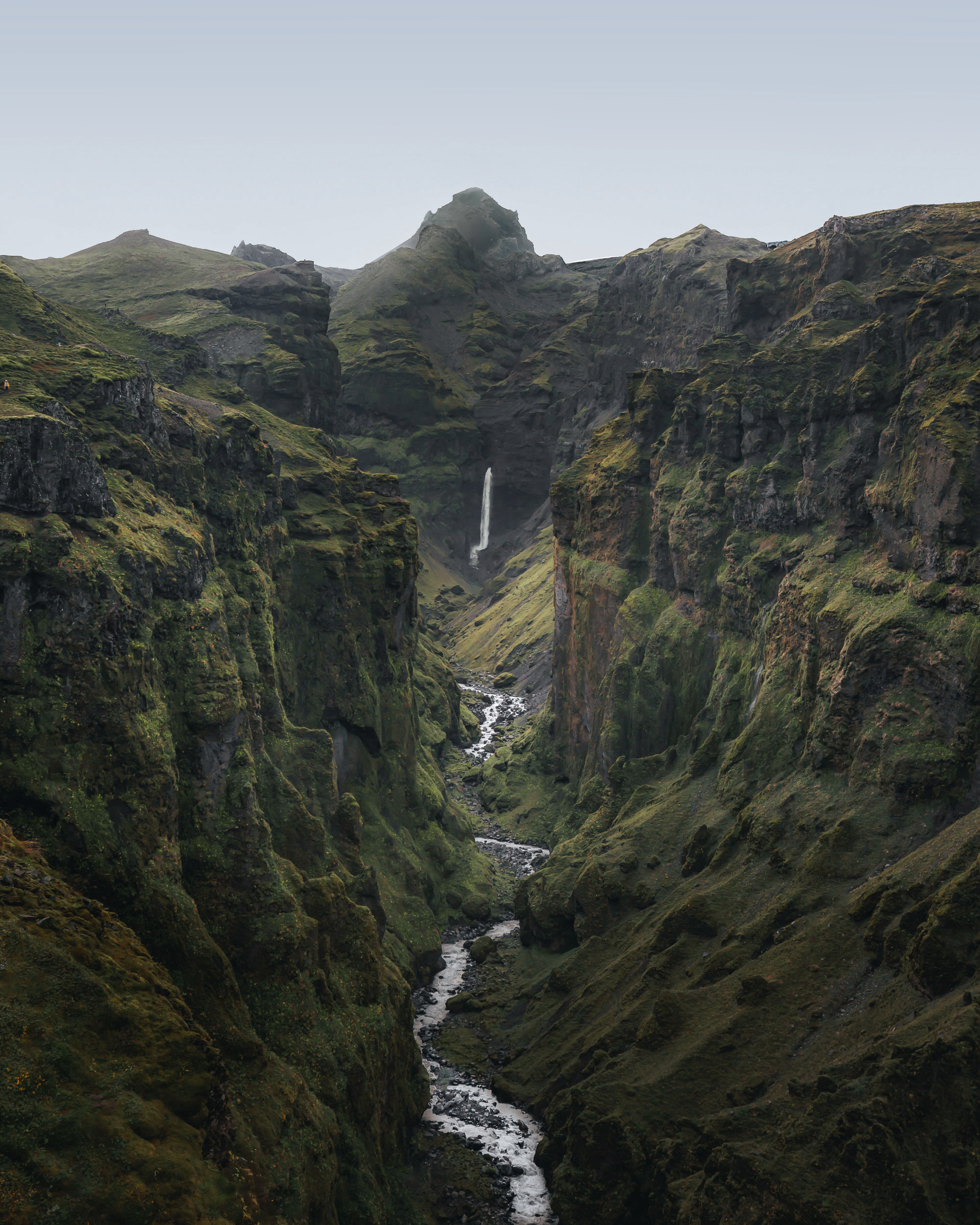 A verdant canyon, carved by a rushing stream, showcasing a waterfall plunging into the depths.